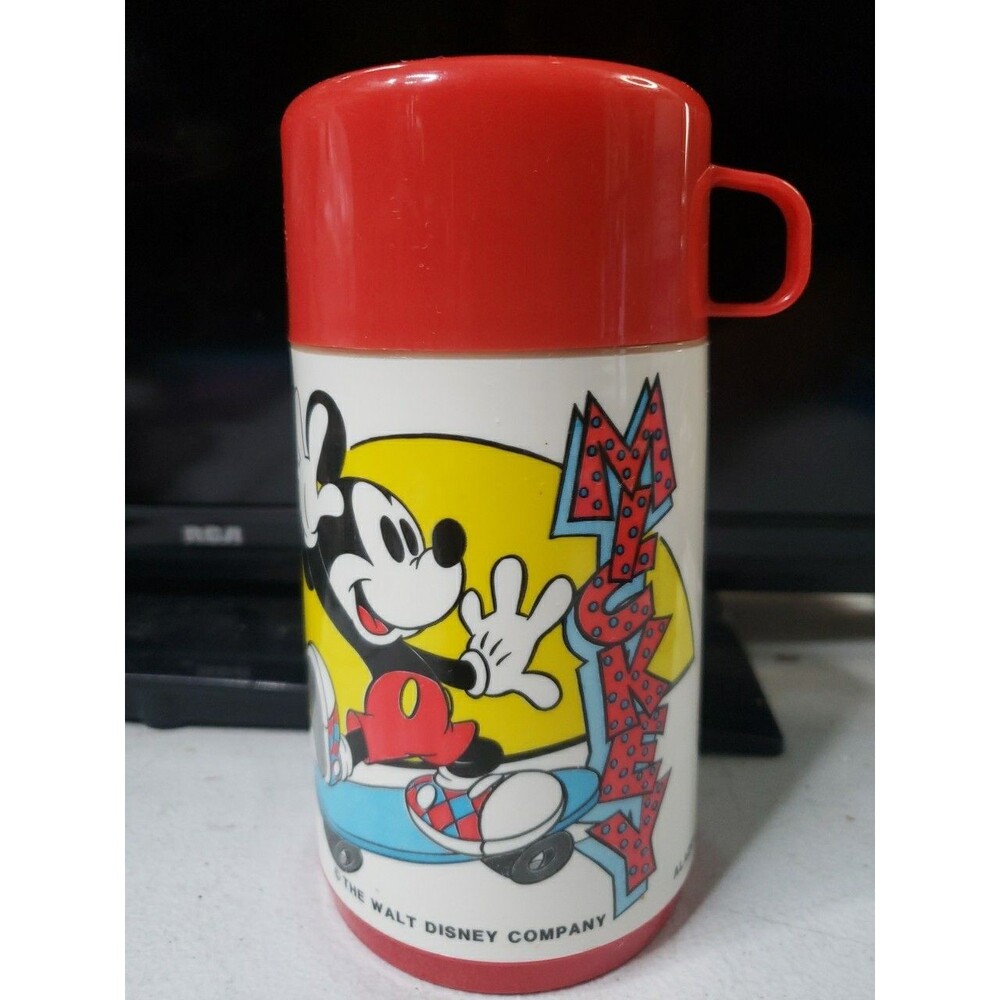 Vintage Disney Mickey Mouse on Skateboard Red Thermos With Cup top by Aladdin